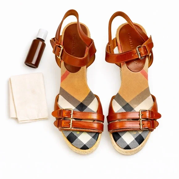 Burberry Tan Leather Check Canvas Espadrille Wedge Sandals Italy Size 35 in GUC - Picture 14 of 14
